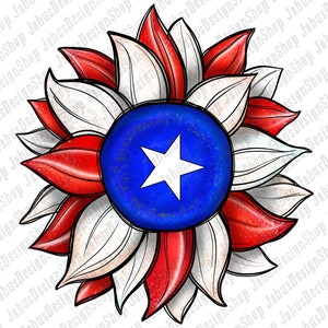 May include: A red, white, and blue sunflower with a blue center featuring a white star. The sunflower is a patriotic design.