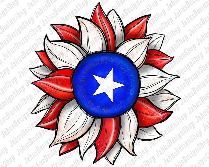 May include: A red, white, and blue sunflower with a blue center featuring a white star. The sunflower is a patriotic design.