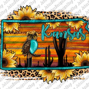 Búho Desert Leopardo Girasol Kansas Mapa PNG Diseño de sublimación, Kansas Png, Kansas Design Download, PNG Sublimation Design, Descarga digital
