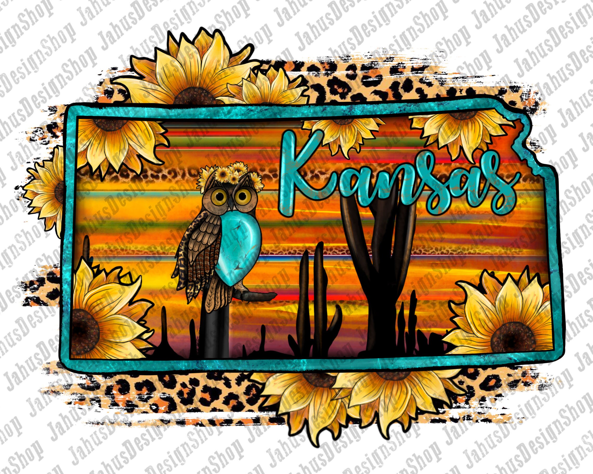 Owl Desert Leopard Sunflower Kansas Map PNG Sublimation Design, Kansas Png, Kansas Design Download, PNG Sublimation Design, Digital Download