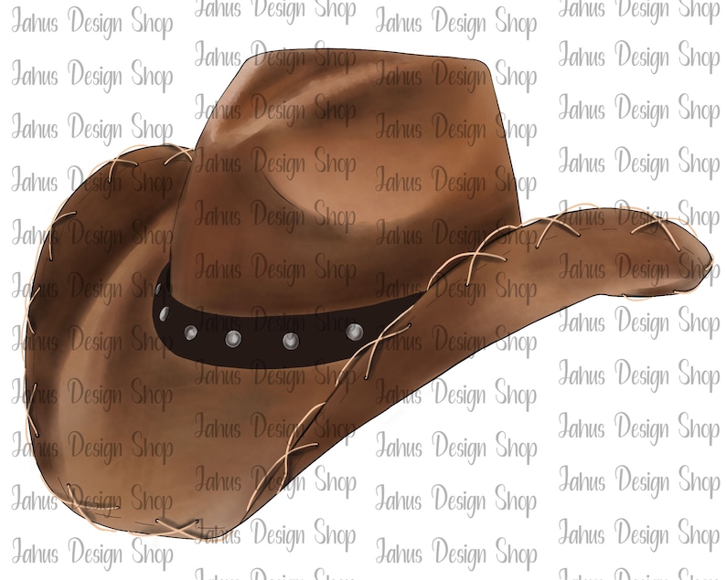 May include: A brown cowboy hat with a leather band and stitching. The hat has a wide brim and a pointed crown.