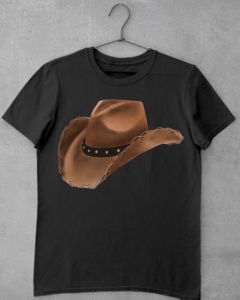 May include: A black t-shirt with a brown cowboy hat printed on the front.