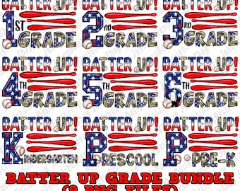 May include: A set of nine digital images featuring baseball-themed designs for different grade levels. The designs feature red, white, and blue colour schemes with baseball bats, balls, and stars. The text includes "Batter Up!" and the grade level, such as "1st Grade", "2nd Grade", and "Kindergarten".