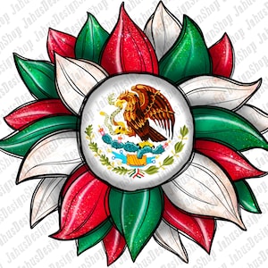 以下が含まれることがあります： 緑、白、赤のキラキラした花。花の中心は、メキシコの国旗が描かれた円形です。国旗には、サボテンにとまっている、くちばしに蛇をくわえた金の鷲が描かれています。