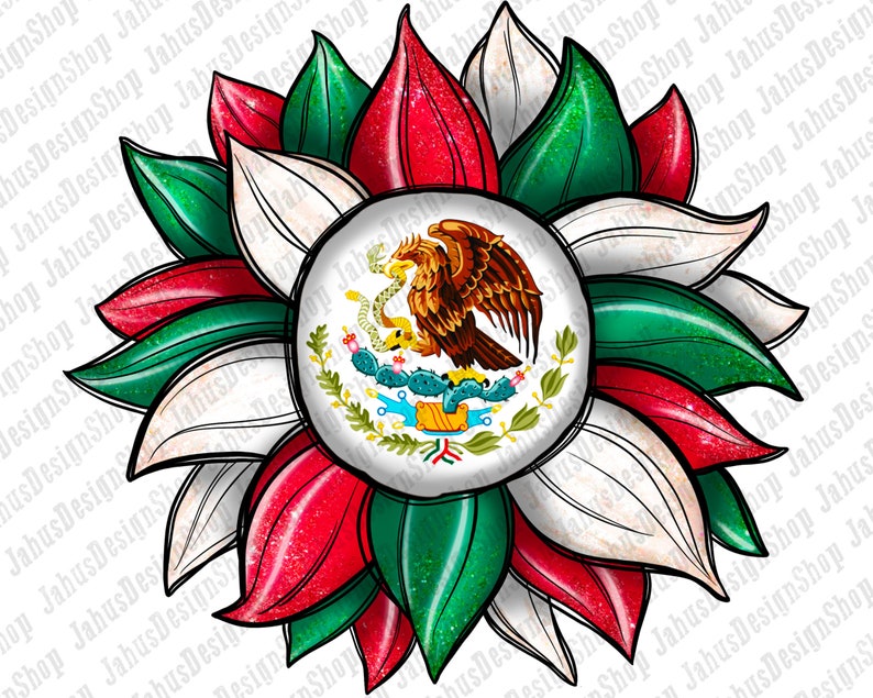 以下が含まれることがあります： 緑、白、赤のキラキラした花。花の中心は、メキシコの国旗が描かれた円形です。国旗には、サボテンにとまっている、くちばしに蛇をくわえた金の鷲が描かれています。