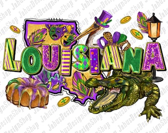 May include: A vibrant graphic featuring the word "LOUISIANA" in green, purple, and gold, with a fleur-de-lis, a pelican, an alligator, and a cake. The design incorporates Mardi Gras elements, including masks, coins, and feathers.