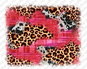 May include: Abstract digital design featuring a leopard print pattern, red and pink plaid, and glitter accents.