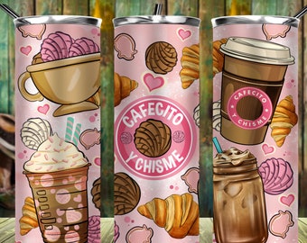 Cafecito y chisme bicchiere skinny da 20 once png, involucro per bicchiere messicano png, disegni per bicchiere da caffè da 20 once, download png per bicchiere
