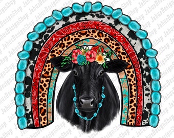 May include: A black cow with a floral crown and turquoise beads stands in front of a rainbow made of cowhide, leopard print, and red bandana fabric.