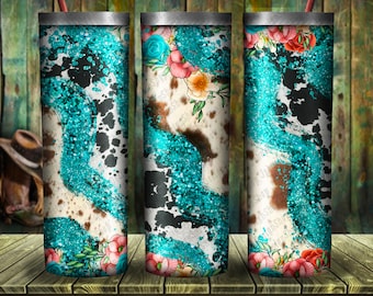 Western Turquoise Glitter Cowhide Tumbler Png Sublimation Design,20oz Skinny Tumbler Png Design, Turquoise Cowhide  Png,Tumbler Png Download