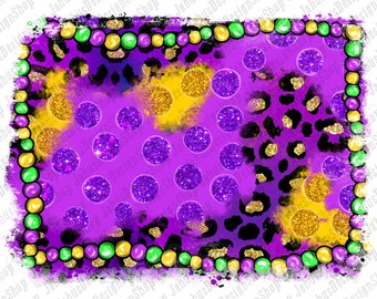 May include: Purple, gold, and green Mardi Gras themed digital paper with a polka dot pattern, leopard print, and a beaded border.
