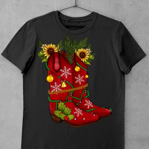 May include: Red cowboy boots decorated with green holly, gold ornaments, and white snowflakes. The boots are topped with sunflowers and green pine branches.