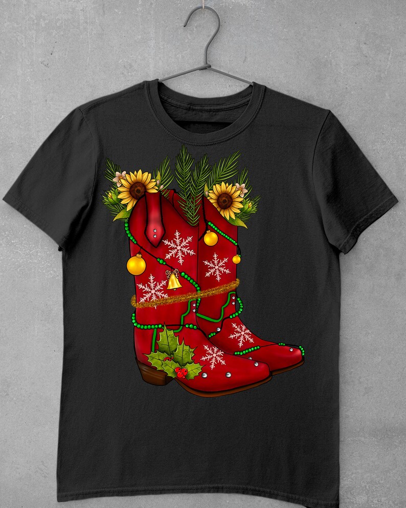 May include: Red cowboy boots decorated with green holly, gold ornaments, and white snowflakes. The boots are topped with sunflowers and green pine branches.