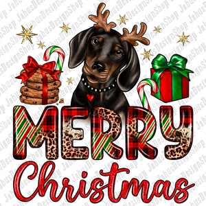 May include: A black and brown dachshund dog wearing a red and white reindeer antler headband. The dog is surrounded by Christmas decorations, including candy canes, cookies, and a wrapped gift. The text "Merry Christmas" is written in red and white letters with a plaid and leopard print background.