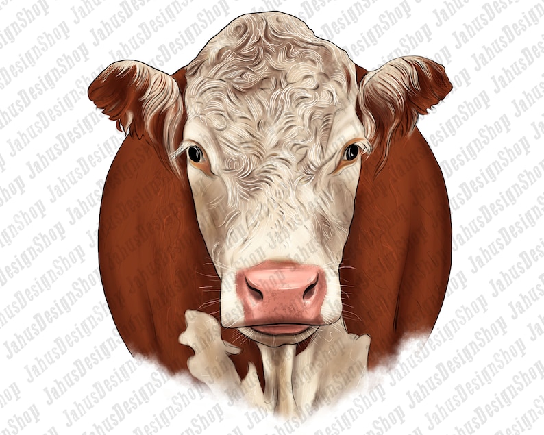May include: A detailed illustration of a Hereford cow's face, showcasing its distinctive red-brown coat and white face. The cow has a pink nose and is centered against a white background. The image has the text "JahusDesignShop" repeated diagonally.