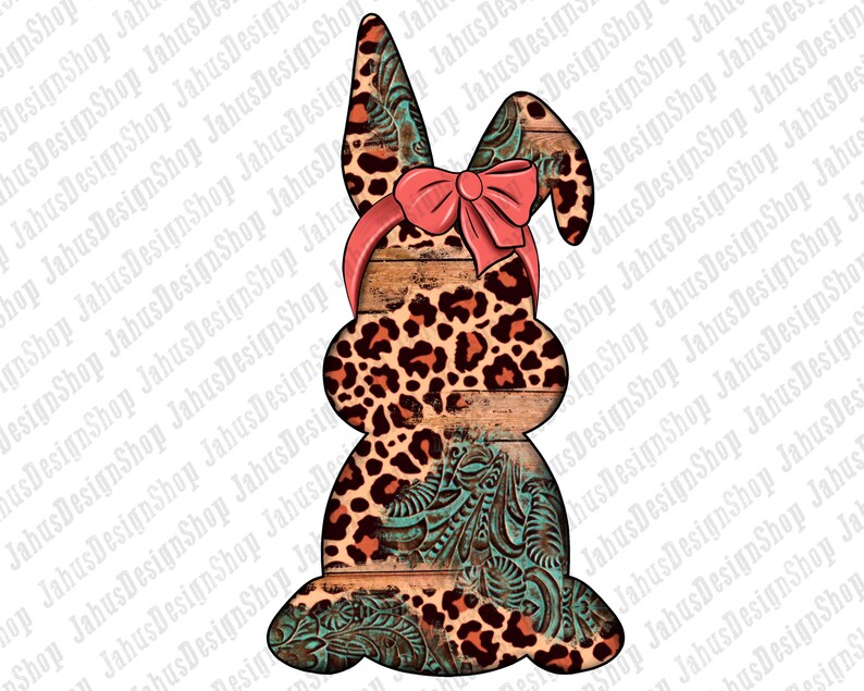 May include: A brown and orange leopard print bunny with a turquoise and brown paisley pattern on the bottom. The bunny is wearing a red bow and a red bandana.