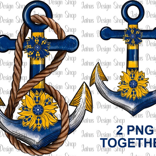 Gold and Navy Anchor Png Design Set, Anchor Png, Anchor Png, Sunflower Anchor Png, Navy color Anchor, Anchor Sublimation Design