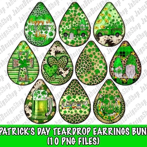 May include: A set of ten digital teardrop earring designs featuring St. Patrick's Day themes. The designs include shamrocks, a cross, a horseshoe, a beer mug, gnomes, a truck with a load of gold coins, and a leopard print background.
