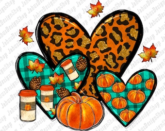 May include: Three heart-shaped designs with a fall theme. The top heart is orange with a leopard print and gold glitter. The left heart is teal with a plaid pattern and fall leaves. The right heart is teal with a plaid pattern and pumpkins.