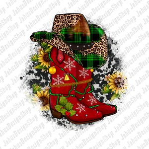 May include: Red cowboy boots with a green and black plaid pattern and a leopard print hat. The boots have snowflakes and holly designs. The background is a white and black cowhide pattern.