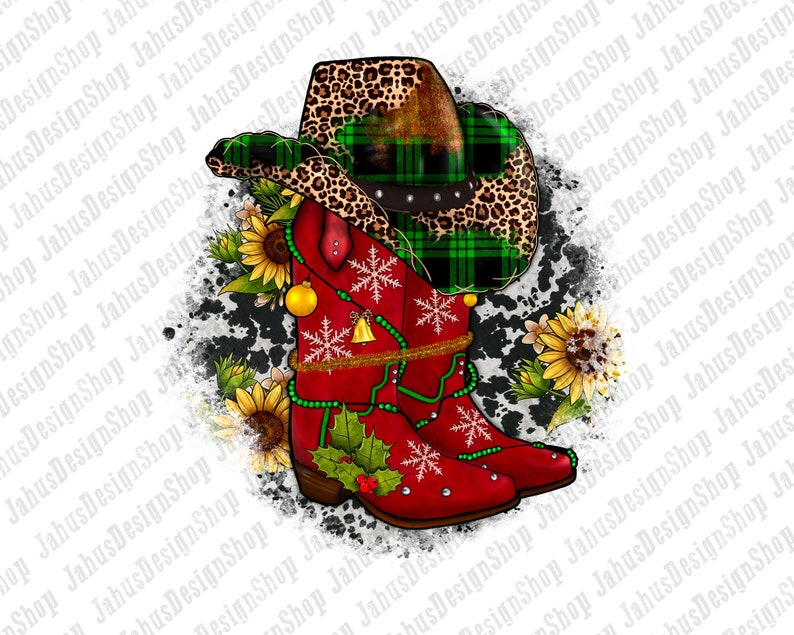 May include: Red cowboy boots with a green and black plaid pattern and a leopard print hat. The boots have snowflakes and holly designs. The background is a white and black cowhide pattern.