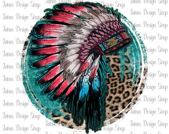 Indian Headdress in Leopard and Glitter Circle, Turquoise Glitter, Digital Download, Png Sublimation, Instant Download, Printable Design