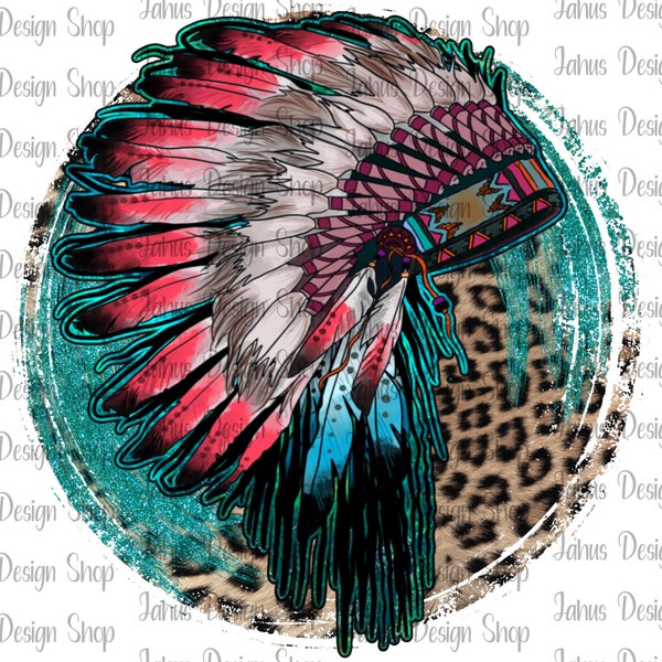 Indian Headdress in Leopard and Glitter Circle, Turquoise Glitter, Digital Download, Png Sublimation, Instant Download, Printable Design