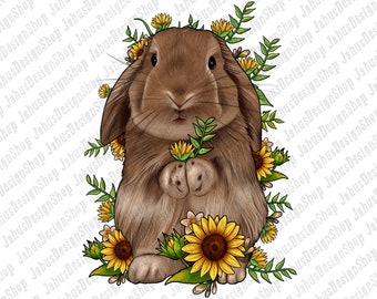 May include: A brown bunny rabbit with floppy ears sits in a field of sunflowers. The bunny is surrounded by green leaves and yellow sunflowers.