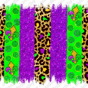 May include: Digital paper with a Mardi Gras theme. The design features a green, purple, and gold color scheme with leopard print, polka dots, and fleur-de-lis.
