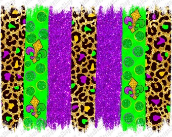 May include: Digital paper with a Mardi Gras theme. The design features a green, purple, and gold color scheme with leopard print, polka dots, and fleur-de-lis.