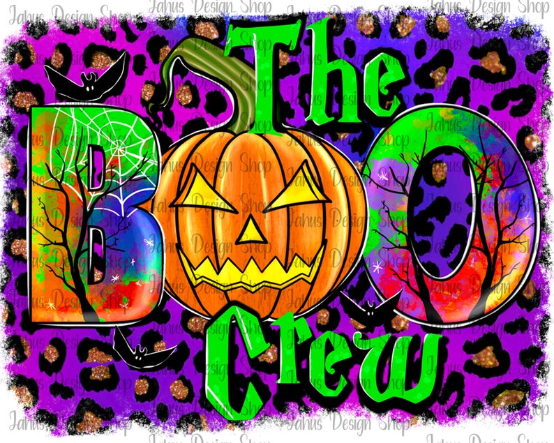 May include: A colourful graphic design with the text "The Boo Crew" in green and black letters. The "O" is a jack-o-lantern with a spooky face. The background is a purple and black leopard print with gold glitter.