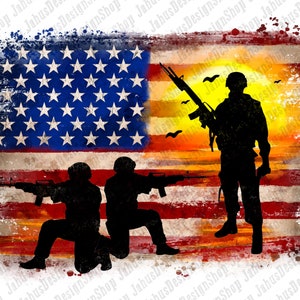 Amerikansk flaggsoldats solnedgång PNG-design, USA:s flagga PNG, patriotisk sublimering, PNG-sublimeringsdesign för nedladdning, omedelbar nedladdning bild 1