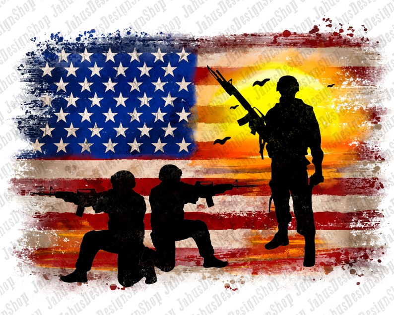 Amerikansk flaggsoldats solnedgång PNG-design, USA:s flagga PNG, patriotisk sublimering, PNG-sublimeringsdesign för nedladdning, omedelbar nedladdning bild 1