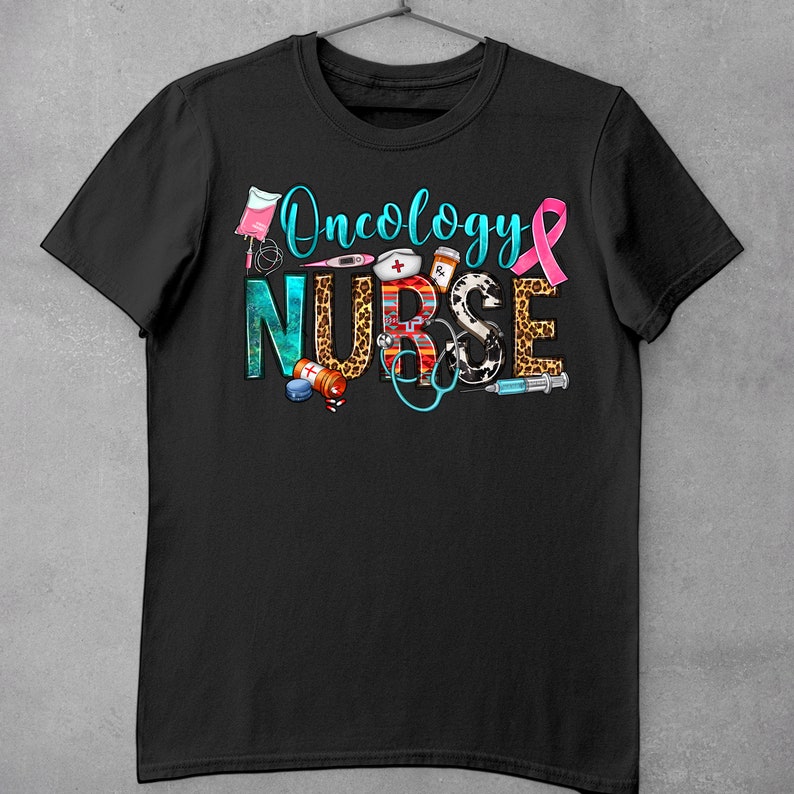 May include: Black t-shirt with the text "Oncology Nurse" in colorful letters with a pink ribbon and medical symbols.