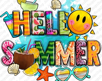 Hello summer png sublimation design download, summer vibes png, western summer png, beach love png, sublimate designs download