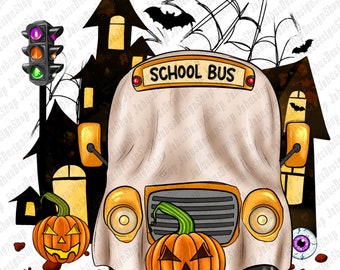 Download del design sublimato PNG per autobus scolastico di Halloween, ritorno a scuola png, vita scolastica png, Happy Halloween png, download di disegni sublimati