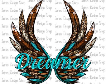 May include: A turquoise blue word "Dreamer" with a pair of wings behind it. The wings are made of brown, white, and black feathers with a leopard print pattern.