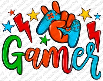 Puede incluir: Un diseño gráfico colorido con la palabra "Gamer" en una fuente estilizada. El diseño presenta una mano sosteniendo un mando de videojuego, rayos y estrellas.