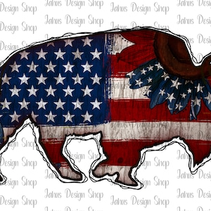 May include: A red, white, and blue American flag design in the shape of a buffalo with a sunflower in the upper right corner. The buffalo is outlined in black.