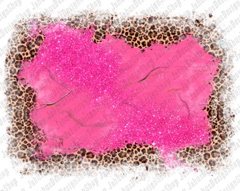 May include: A pink glitter background with a leopard print border. The glitter is a light pink color and the leopard print is a brown and black color. The background is distressed and has a cracked effect.