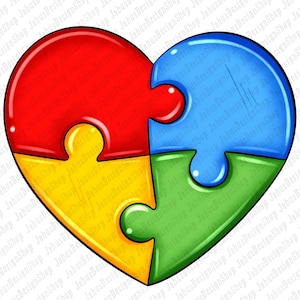 K&ouml;nnte beinhalten: Ein herzf&ouml;rmiges Puzzle aus vier Teilen in Rot, Blau, Gelb und Gr&uuml;n. Die Puzzleteile passen zusammen und bilden ein vollst&auml;ndiges Herz.