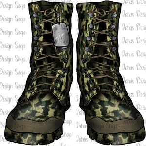 May include: A pair of camouflage-patterned military boots with brown laces. The boots have a dog tag hanging from the left boot.