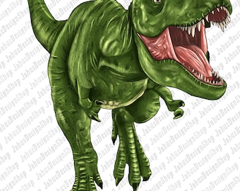 May include: A green Tyrannosaurus Rex dinosaur with a large open mouth, showing sharp teeth. The dinosaur is standing on a white background.