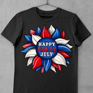 May include: Black t-shirt with a red, white, and blue sunflower design. The sunflower has a circle in the center with the text "HAPPY Fourth Of JULY".