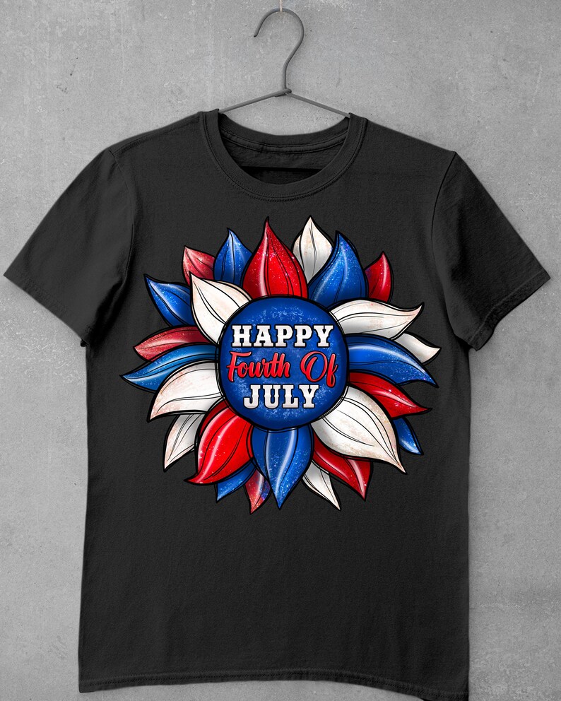 May include: Black t-shirt with a red, white, and blue sunflower design. The sunflower has a circle in the center with the text "HAPPY Fourth Of JULY".