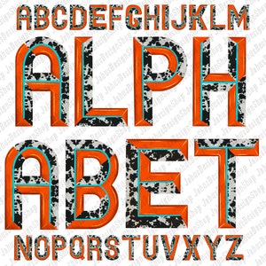 May include: An alphabet in a bold, orange and turquoise font with a black and white cowhide pattern. The letters are outlined in orange and turquoise.