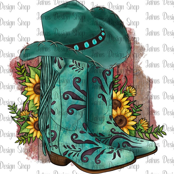 Turquoise Boots Gemstone and Sunflower PNG File, Wood Pattern, Western Png, Gemstone Png, Western Boot, Instant Download, Digital File