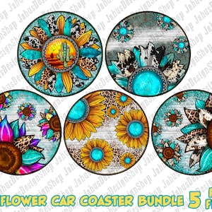 Sunflower car coaster png sublimation design bundle, western car coaster png, sunflowers png, sublimate designs download