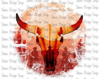 Cowboy Sunset Bull Skull PNG, Skull Design, Design occidental, Desert Sunset, Téléchargement de sublimation, Impression numérique, Téléchargement instantané