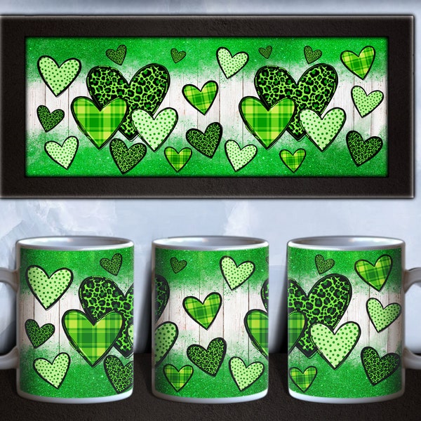 St. Patrick’s Day hearts mug png sublimation design télécharger, 11oz et 15oz mug png, glitter mug png, sublimate designs télécharger